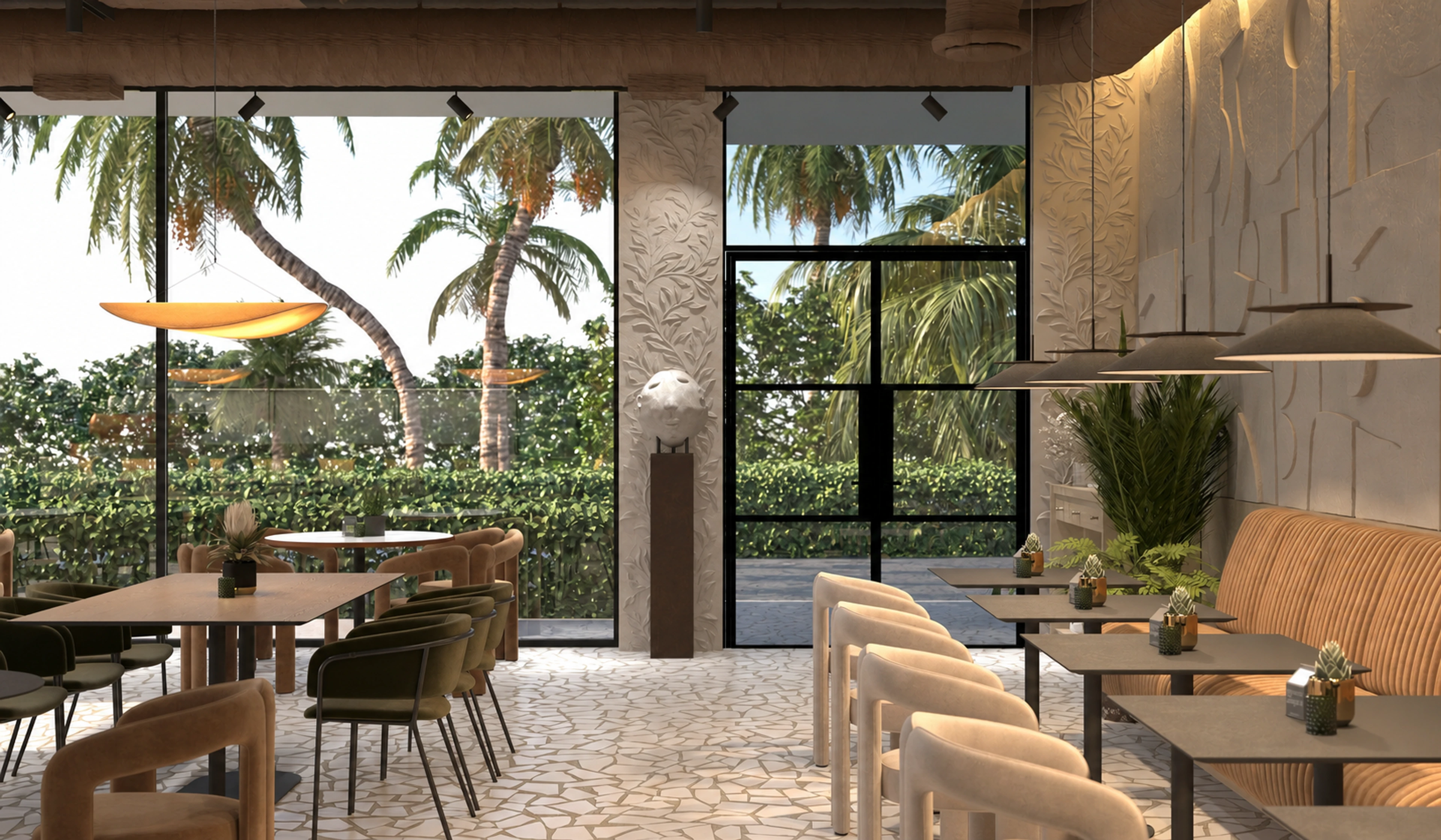 Booth seating and café tables beside a tall glass doorway.