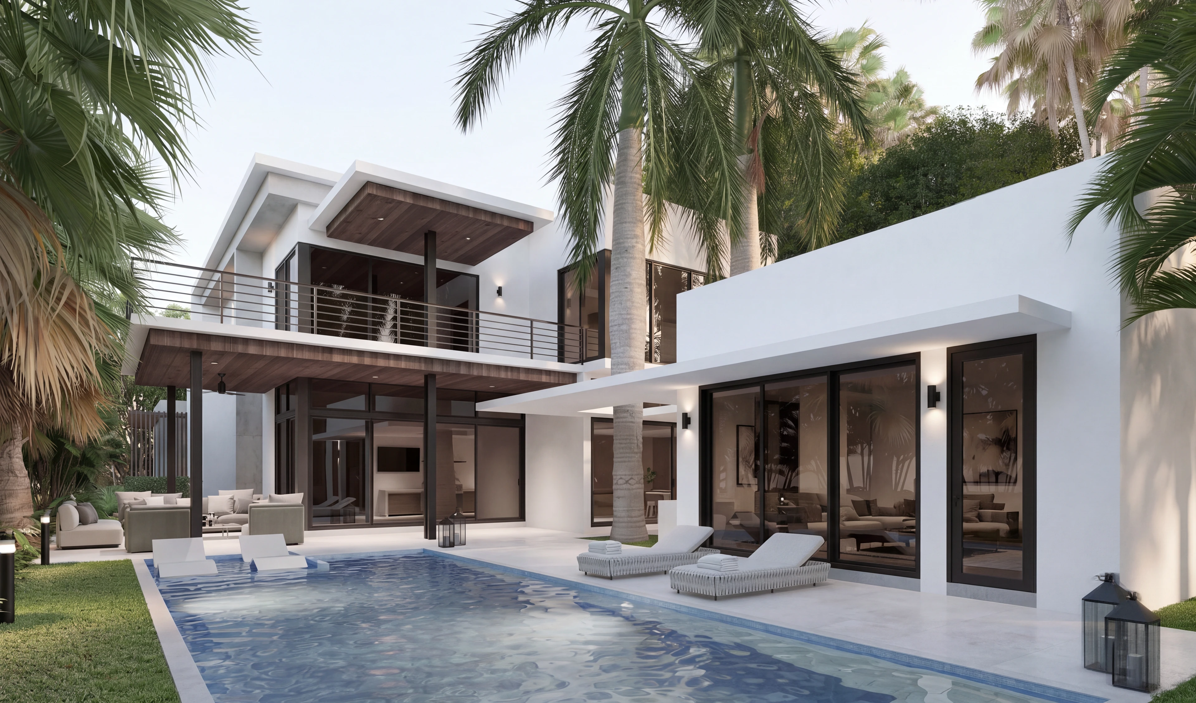 Home exterior with a pool, covered terrace and upper-level balcony.